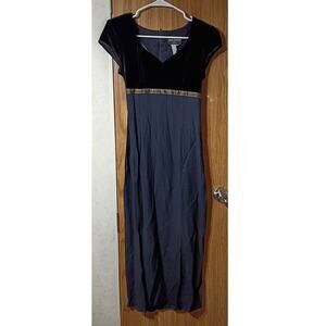 Vintage Just Choon Velvet Empire Waist Maxi Dress Black Ribbon Detail XS 90s